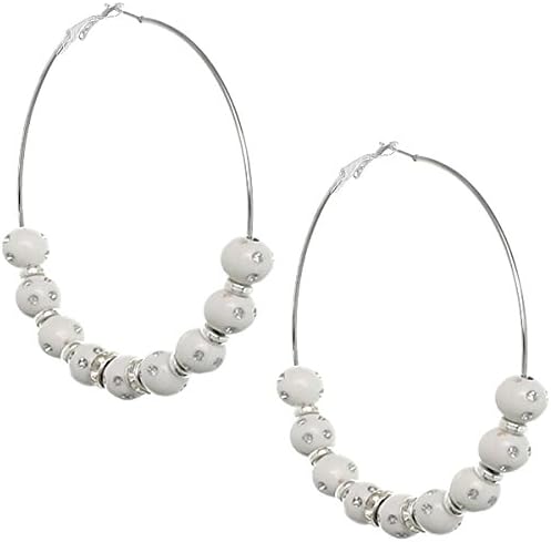 White Beaded Rhinestone Hoop Earrings