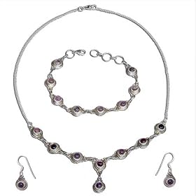 Sterling Silver Jewelry Set Amethyst Necklace Earring and Bracelet (gnklcs366) by ShalinCraft