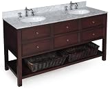 New Yorker 60-inch Bathroom Vanity (Carrera/Chocolate): Includes an Italian Carrera Marble Countertop, a Chocolate Cabinet, Soft Close Drawers, and Two Ceramic Sinks