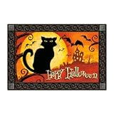 Happy Halloween Spooky Black Cat Indoor Outdoor Rug Mat