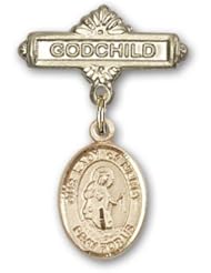 14K Gold Baby Badge with Our Lady of Mercy Charm and Godchild Badge Pin