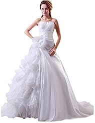 A-line Strapless Chiffon Crystal Beaded Ruched  Asymmetric Off the Shoulder   Ball Gown Wedding Dress  With Ruffles