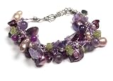 Oi! - Ladies Purple Mother of Pearl, Fresh Water Pearl, Amethyst, Peridot and Garnet on Silk Adjustable (19-25 cm) Bracelet - B0524