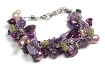 Oi! - Ladies Purple Mother of Pearl, Fresh Water Pearl, Amethyst, Peridot and Garnet on Silk Bracelet - B0524