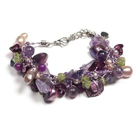 Oi! - Ladies' Purple Mother-of-Pearl, Freshwater Pearl, Amethyst, Peridot and Garnet on Silk Adjustable (19-25cm) Bracelet - B0524