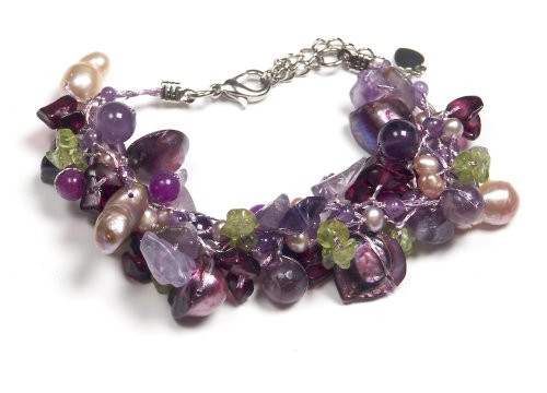 Oi! - Ladies' Purple Mother-of-Pearl, Freshwater Pearl, Amethyst, Peridot and Garnet on Silk Adjustable (19-25cm) Bracelet - B0524