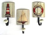 3 Nautical Towel Hooks Lighthouse Sailboat Welcome Ring