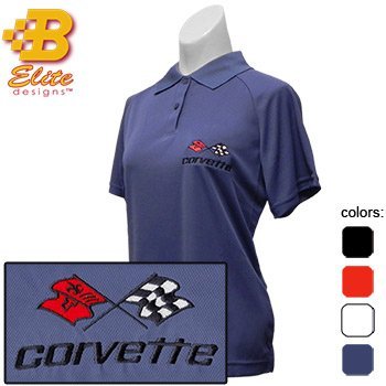 Brickels Racing Collectibles C3 Corvette Embroidered Ladies Performance Polo Shirt Black- Small -BDC3EPL113