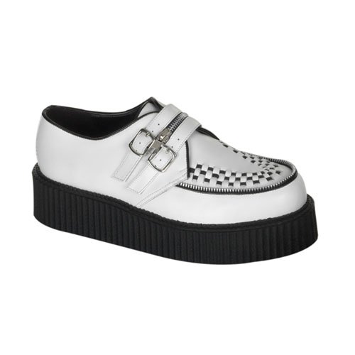 *CREEPER-412, 2" P/F Wht 2 Buckle Zipper Strap Creeper Shoe from Pleaser
