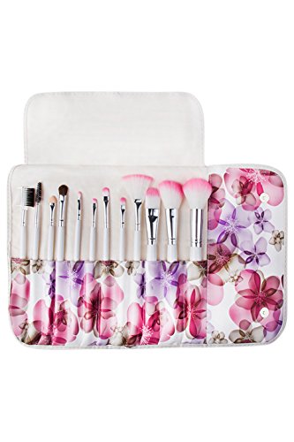 Makeup Brushes - Professional 12 Piece Floral Make-Up Brush Set With Vegan Leather Travel Case Pink