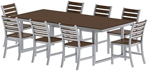 elan furniture Kinzie Outdoor Dining Set, Includes Eight Side Chairs, Made with Recycled HDPE Venetian Cocoa Slats, 96 by 42-Inch, Miner's Silver Frame