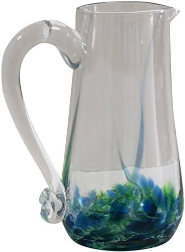 Irish Handmade Round Glass Pitcher with Handle by Jerpoint Glass Ireland. 9 inches tall with 40oz capacity (Green Seascape)
