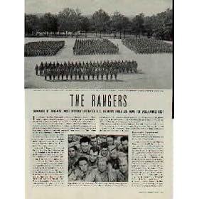 THE RANGERS: Survivors Of Toughest, Most Bitterly Lacerated U. S. Army Infantry Force Are Home For Well Earned Rest. Picture shows Ranger's terrible losses. In front stand 97 Rangers now resting at Camp Butner, North Carolina. Men behind represent original strength of 1,500 men. On D-Day, losses among the original Rangers were appalling. Of about 1,500 men who started in the three battalions, there are only 199 alive and returned home. Of the 199 survivors, 64 wear the Purple Heart for injuries they suffered overseas. In short, less than one-tenth of the original force came through intact. Pictured are Colonel William O. Darby, Lt. Colonel Roy A. Murray Jr., Capt. Charles Shunstrom, 2nd Lt. Gino Mercuriali, Sgt. John Ingram, Sgt. Thomas Williams, Sgt. Anthony Rada, Lt. James Altieri, Pfc. Carlo Contrera, Sgt. David Campbell, Lt. Peer A. Buck, Sgt. Joseph P. Lucas, Sgt. George H. Creed, M/Sgt. Dean Hooker, Lt. Randall Harris, Sgt. Lester B. Cook, and Capt. J.N. Fineberg. ..... 1944 LIFE Magazine Article, A5001A. 19440731