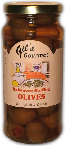 Gourmet Stuffed Olives, Habanero Chile Pepper Stuffed Olives, 10oz. Glass Jar by Gil's Gourmet