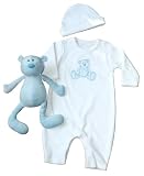 Blue Bear Velour Gift Set with Velour Playsuit with matching Applique Bear , Hat and Blue Bear Toy in Gift Box