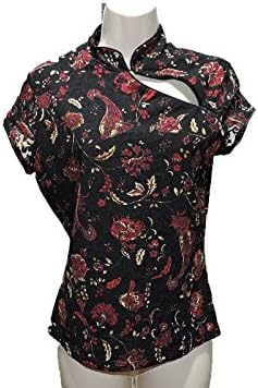 Kay Celine Womens Floral lace Geisha sheer Blouse red, black Top Shirt Size Small,S