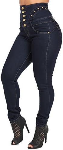 Women's High Rise Butt Lifting Skinny Jeans with Gold Detail, Dark Wash-15