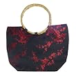 Bamboo Handle Synthetic Silk Plum Blossom Handbag - Black/Red