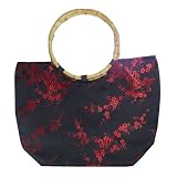 Bamboo Handle Synthetic Silk Plum Blossom Handbag - Black/Red