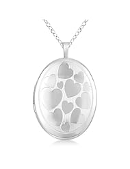 Hand Engraved Oval Photo Locket Necklace Hearts Design Sterling Silver