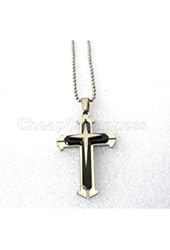 Blue&Black Silver Stainless Steel Cross Pendant Men's Necklace Chain