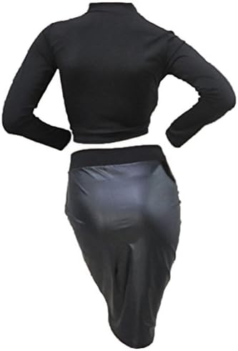 Phoenx Womens Long Sleeve Knitted Blouse PU Leather Bodycon Skirt Two-piece Dress Suits
