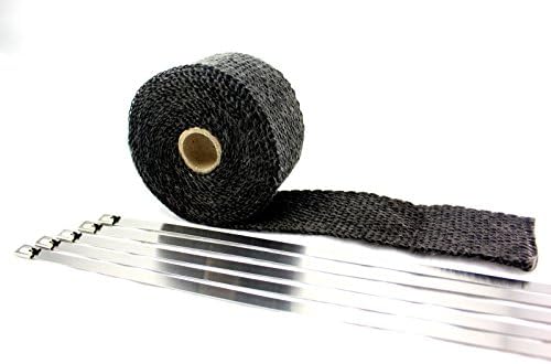 SWI Parts 2" x15ft Roll Black Racing Fiberglass Exhaust Header Pipe Wrap Tape W/5 Stainless Steel Zip Ties