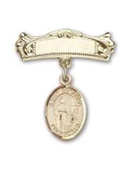 14K Gold Baby Badge with St. Susanna Charm and Arched Polished Badge Pin
