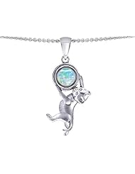 Original Star K (tm) Cat Lover Pendant with October Birthstone Created Opal in 925 Sterling Silver