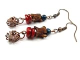 Genuine African Snake Vertebrae, Red Shell Discs, Malachite, and Rustic Antique Brass Bead Dangle Earrings