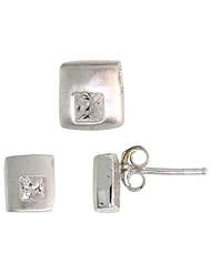 Sterling Silver Matte-finish Square-shaped Stud Earrings (6mm) & Pendant Slide (7mm tall) Set, w/ Princess Cut CZ Stones