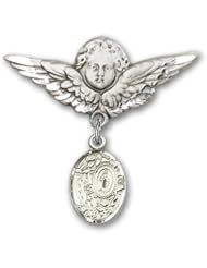 Sterling Silver Baby Badge with Miraculous Charm and Angel with Wings Badge Pin