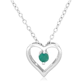 Sterling Silver Emerald Heart Pendant, 18" by 