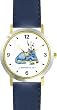 Gray Cat with Toy Mouse - Cat Cartoon or Comic - JP Animal - WATCHBUDDY&reg; DELUXE TWO-TONE THEME WATCH - Arabic Numbers - Blue Leather Strap-Size-Large ( Men's Size or Jumbo Women's Size )