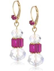Betsey Johnson "Iconic Baguette" Fuchsia Baguette and Cherry Bead Drop Earrings