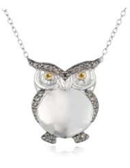 Sterling Silver Gun Metal Color Brown and Yellow Diamond Two-Tone Owl Pendant Necklace, 18"