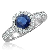 Vintage Inspired Natural Sapphire Diamond Engagement Ring in 14k White Gold Halo Ring (G, SI1, 1.45 cttw), 6mm, Certificate of Authenticity
