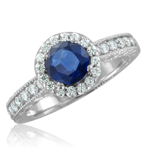 Vintage Inspired Natural Sapphire Diamond Engagement Ring in 14k White Gold Halo Ring (G, SI1, 1.45 cttw), 6mm, Certificate of Authenticity