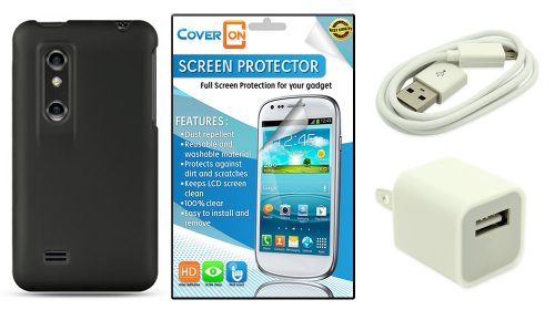 CoverON® LG Thrill 4G / Optimus 3D Silicone Rubber Soft Skin Case Cover Bundle with Clear Anti-Glare LCD Screen Protector & White Micro USB Data Cable & White Wall Charger Adapter - Black