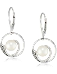 Black Rhodium Plated Sterling Silver 7.0-7.5mm Freshwater Cultured Pearl and Diamond Leverback Earrings (0.1 cttw, G-H Color, I2-I3 Clarity)