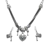 Chrome Heart Lock and Key Necklace and Dangle Earrings Set