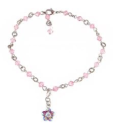 Anklet - A54 - Sized to Fit - Swarovski (tm) Crystal Beads ~ Lt. Rose with Crystal Flower Charm