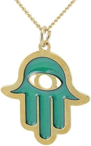 Gold Plated Tiny Hamsa Hand Necklace for Women Evil Eye Pendant Protection Jewelry with Hand Painted Green Enamel, 17.5" Chain