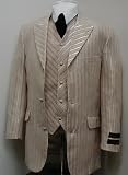 Mens New Three Piece Gianni Vironni Super 150's Tan (Beige) Pinstripe Single Breasted Three Button Dress Suit With Vest