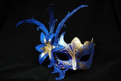 Laser Cut Venetian Masquerade Mask Costume w/ Side Lily Flower- Blue