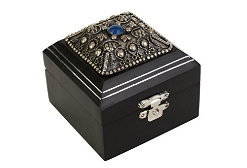 Classic Small Black Wooden Ring Gift Box Trinket Jewelry Holder Organizer with Antique Metal Work