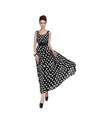 Belted Vintage Dots Print Chiffon Round Neck Sleeveless Maxi Dress 