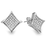 Platinum Plated Stud Earrings 11mm Kite Shaped White Round Cubic Zirconia Pushback Post
