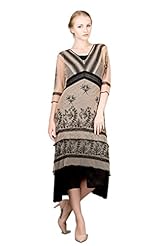 V-neck Tea Length Cotton/Rayon/Tulle Embroidered Lace Vintage  Dress