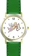 Angel Playing Harp - Cherub, Angel or Cupid Theme - WATCHBUDDY&reg; DELUXE TWO-TONE THEME WATCH - Arabic Numbers - Green Leather Strap-Women's Size-Small